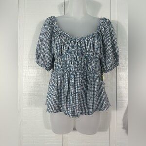 Maisie Zina Blue Floral Gingham Peplum Puff Sleeve Top Size Large NWT